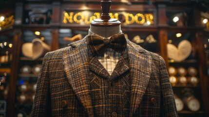 Fototapeta premium Elegant olive green monochrome men s suit displayed on mannequin in modern boutique setting