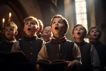 Beautiful caucasian kids holding their music books while singing during a choir activity giving a performance - obrazy, fototapety, plakaty