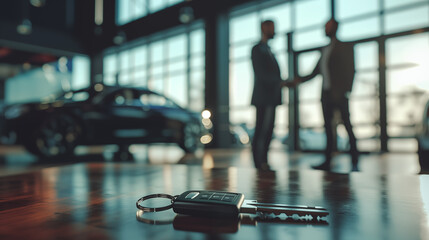 Close-up shot of a car-key in a car dealership with two men shaking hands in the background