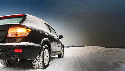Black Vehicle on a snowy road in winter.