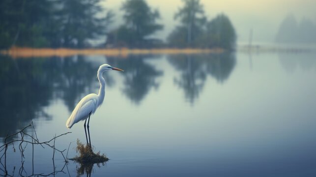 Serene white egret standing tall against a backdrop of a tranquil lake.