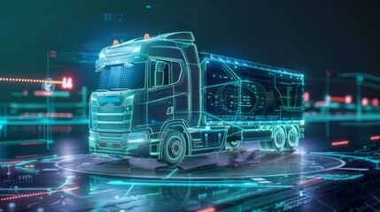 An unmanned smart truck, controlled by AI, features holographic car-style HUD UI GUI, and includes hardware diagnostics for auto analysis - obrazy, fototapety, plakaty