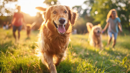 golden retriever in a summer field, in the style of sun rays shining on it, light and amber