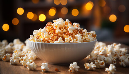 Fresh popcorn, sweet caramel, and a refreshing drink for the movie generated by AI