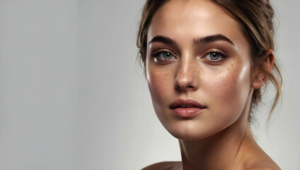 Naklejka premium Close up portrait of a beautiful woman with glowing face. Beauty product commercial photo, glamorous portrait, Generative AI