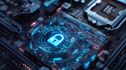 Fototapeta na wymiar A close-up of a motherboard featuring a security chip with a lock symbol, surrounded by circuits and electronic components illuminated with a blue glow.