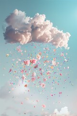 fluffy cloud raining spring flowers and pastel color confetti from the cloud on a pastel background