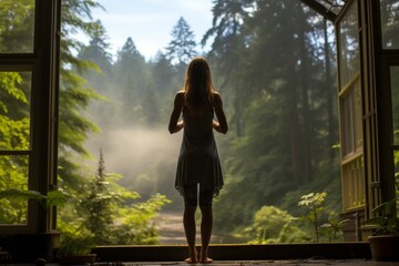 Morning yoga practice with young woman in backyard, misty sunrise, mountain view background - obrazy, fototapety, plakaty