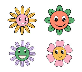 Fun groovy flower cartoon characters in hippie 60s, 70s, 80s retro style. Set of happy funny daisy with eyes and smile. Hand drawn cute comic characters, trendy sticker pack. Vector illustration