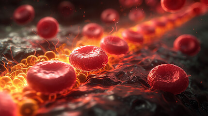 Navigating bloodstream, erythrocytes and cholesterol cells travel