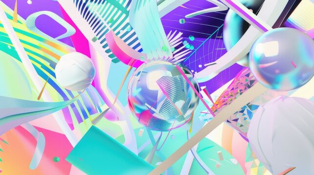 This digital painting features a disco ball at the center, surrounded by various objects. Geometric shapes and curved lines create an abstract and dynamic composition.