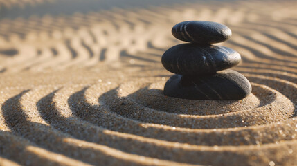 Fototapeta na wymiar zen stones on the sand, zen concept, harmony and balance