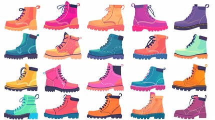 A vector set featuring various types of fashionable footwear, including shoes and boots for both men and women. These flat cartoon illustrations are perfect for web icons and are isolated for easy use
