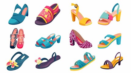 A vector collection showcasing stylish footwear for both men and women, including sandals suitable for different seasons. These flat cartoon illustrations serve as versatile design elements - obrazy, fototapety, plakaty