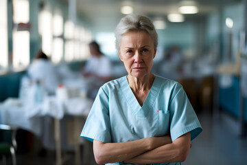 Frustrated elderly woman working as nurse past tatutory retirement age - obrazy, fototapety, plakaty