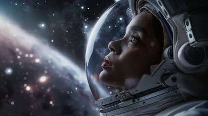 Face of a beautiful woman - astronaut in a spacesuit, floating in space