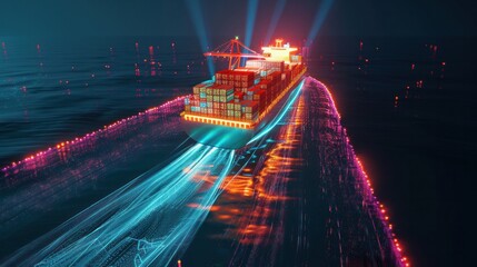 A futuristic autonomous semi cargo container ship with scanning sensors, showcasing digital cyber technology in global logistics managed by forwarders