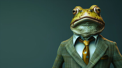 Portrait of a green frog dressed in an elegant suit on a dark green background - 740281328