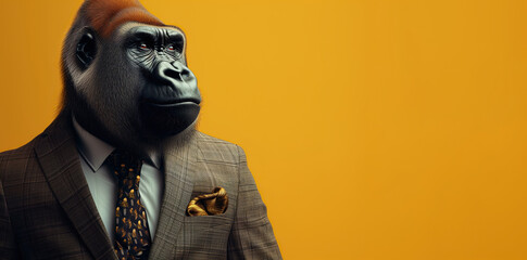 Portrait of a gorilla dressed in an elegant suit on an orange background with copyspace - 740281348