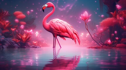 Vibrant hues of pink intertwine as a flamingo stands tall in a dreamy setting.
