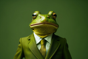 Portrait of a green frog dressed in an elegant suit on a green background - 740281397