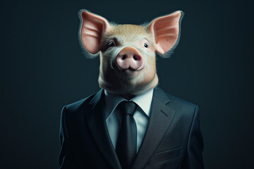 Portrait of a pig dressed in an elegant suit on a dark background - 740281527
