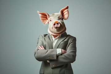 Portrait of a pig dressed in an elegant suit on a grey background - 740281536