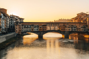 Dawn in the center of the renaissance capital - Florence. The oldest Ponto Vecchio bridge.