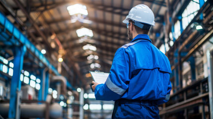 An engineer in a blue uniform with a safety helmet is inspecting a petrochemical plant with a clipboard in hand, surrounded by intricate metal structures and pipelines