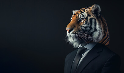 Portrait of a tiger dressed in an elegant suit on a dark background with copyspace - 740281721