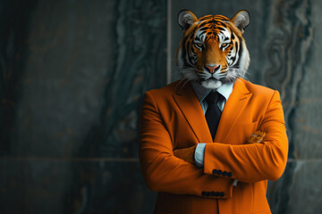 Portrait of a tiger dressed in an elegant orange suit on a dark background - 740281722