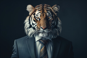 Portrait of a tiger dressed in an elegant suit on a dark background - 740281767