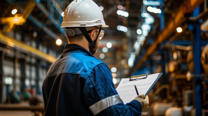 An engineer in a blue uniform with a safety helmet is inspecting a petrochemical plant with a clipboard in hand, surrounded by intricate metal structures and pipelines
