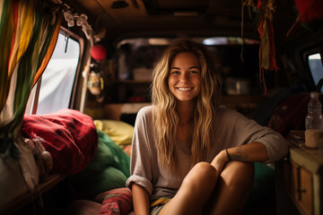 Cheerful caucasian young woman enjoying her hippie nomad van life while taking a road trip - obrazy, fototapety, plakaty