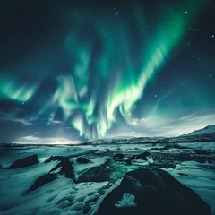 Foto op Canvas Majestic Aurora Borealis Over Snowy Landscape © HustlePlayground