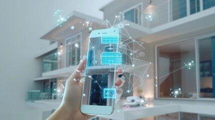 A hand holding a white phone with a smart home app, surrounded by 3D-rendered room and WiFi icons, symbolizes IoT and network connectivity - obrazy, fototapety, plakaty