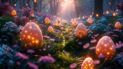 Fantasy Easter garden at twilight, magical and enchanting, digital art, lush vegetation with hidden Easter eggs, glowing light effects, wide angle, with starry sky background  - obrazy, fototapety, plakaty