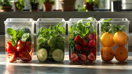 Innovative food packaging, transparent and biodegradable, showcasing fresh fruits and vegetables,...