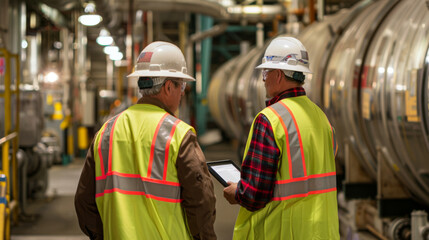 Two industry professionals in safety gear are inspecting a manufacturing plant using a digital tablet.
