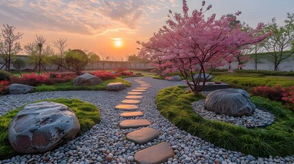 
Peaceful Zen garden at sunrise, minimalist and serene, Japanese style, with stone arrangements and cherry blossoms, soft morning light, wide angle, tranquil atmosphere