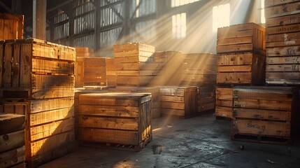 Vintage wooden crates stacked in an old warehouse, rustic and textured, warm ambient light, close-up, with dust particles in the air