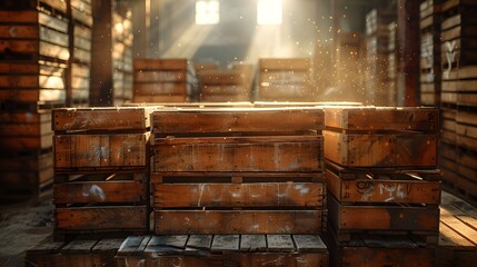 Vintage wooden crates stacked in an old warehouse, rustic and textured, warm ambient light, close-up, with dust particles in the air