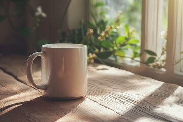 Blank white mug mockup with flowers on sunny light background. Generative AI