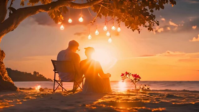 Couple Sitting on Beach Watching Sunset Generative AI