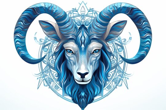 Capricorn zodiac sign shining in blue color, isolated on white background in vector style