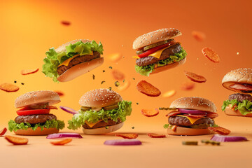 Hamburgers falling in the air on light background. Generative AI