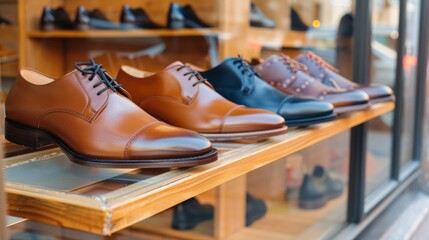 Men's leather shoes displayed in a shop window, representing diversity, high quality, elegance, and honest business relationships - obrazy, fototapety, plakaty