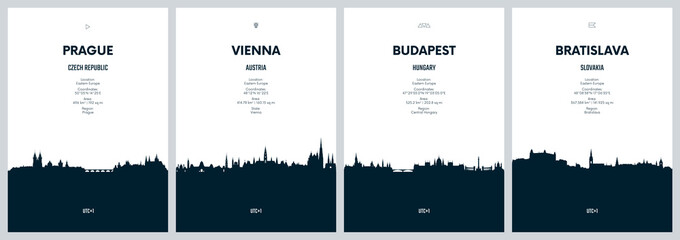 Travel vector set with city skylines Prague, Vienna, Budapest, Bratislava, detailed city skylines minimalistic graphic artwork