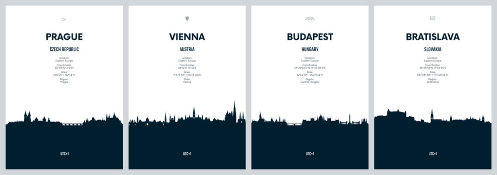 Travel vector set with city skylines Prague, Vienna, Budapest, Bratislava, detailed city skylines minimalistic graphic artwork