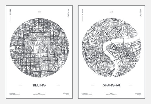 Travel poster, urban street plan city map Beijing and Shanghai, vector illustration